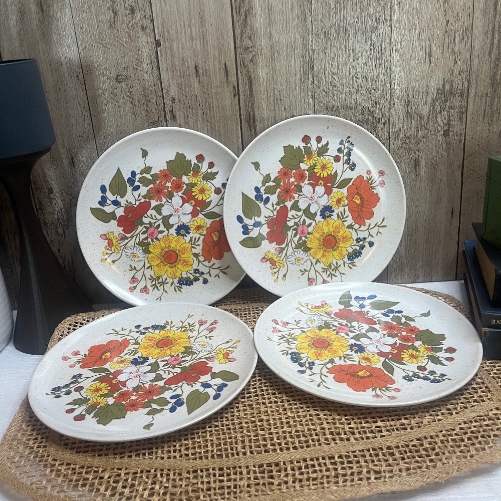 Vintage Floral Stoneware Salad Plates Set of 4 Country Cottage Kitchen